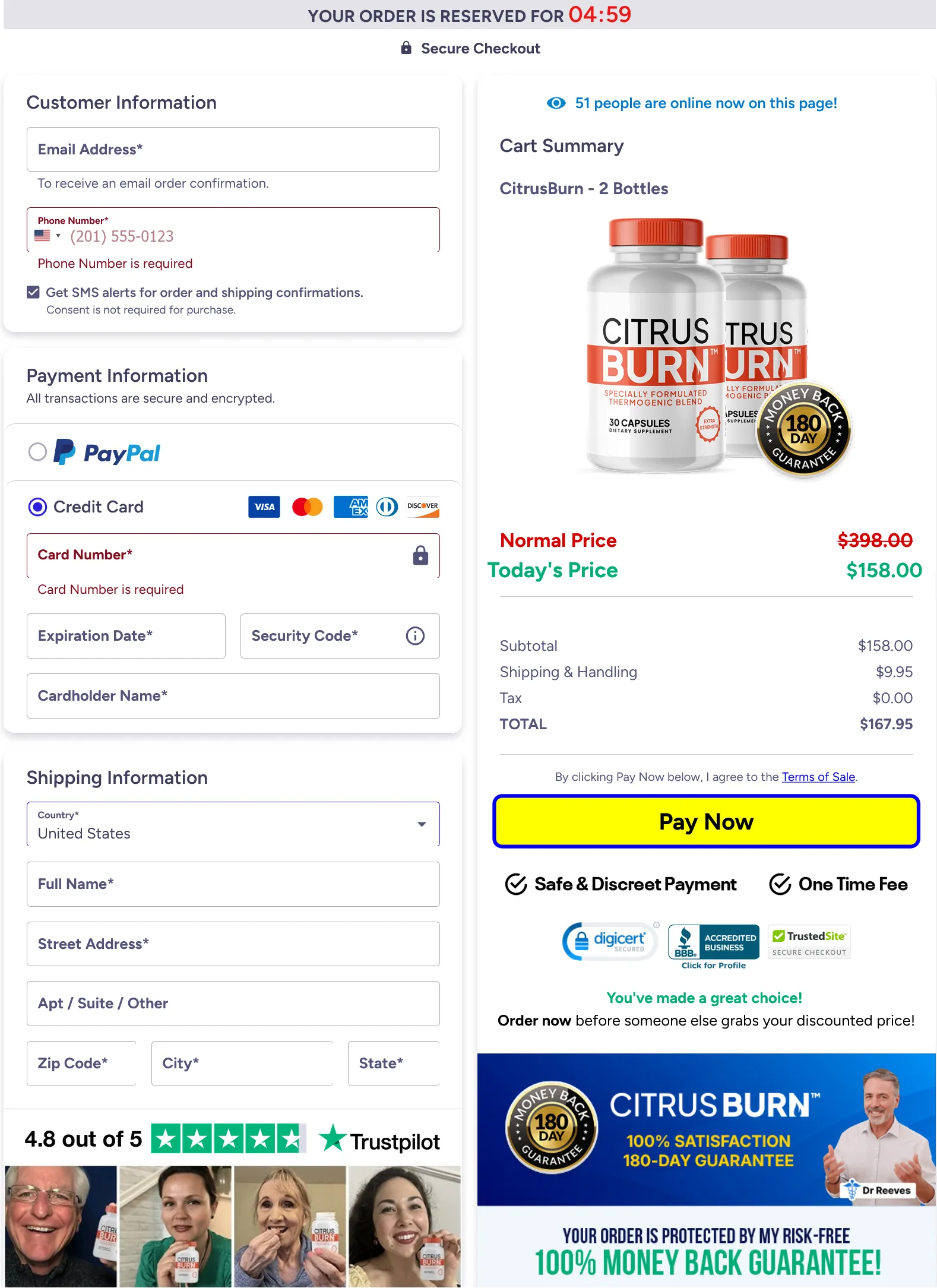 CitrusBurn secure checkout page showing 180-day money back guarantee and Trustpilot ratings.